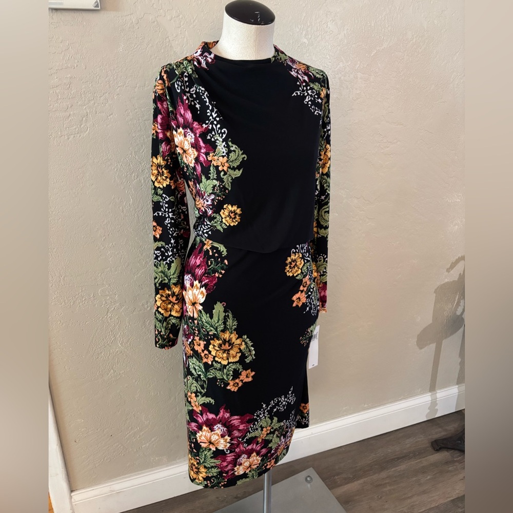 London Style Black Floral Long-Sleeve Sheath Dress Sz 14W NWT